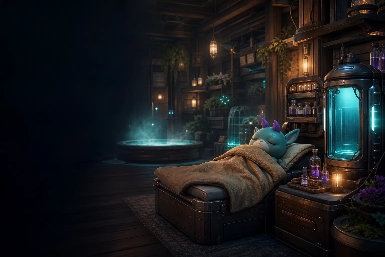 A resting fantasy creature receiving care in a warm base infirmary